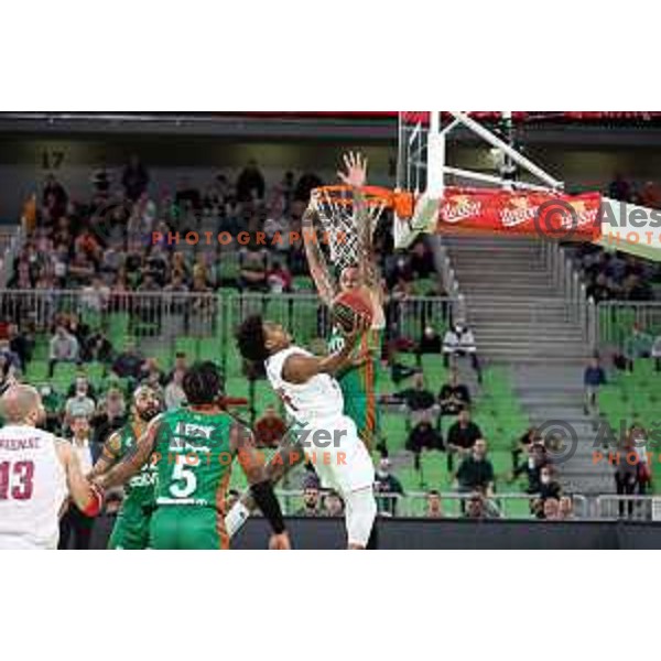 Bryce Jones of FMP and Zach Auguste of Cedevita Olimpija in action during ABA league regular season basketball match between Cedevita Olimpija and FMP in Stozice, Arena, Ljubljana, Slovenia on October 11, 2021 