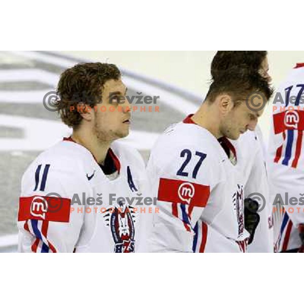 Anze Kopitar (11) and Miha Rebolj (27) of Slovenia at IIHF World championship 2008 preliminary round group B, played in Halifax, Nova Scotia, Canada May 2nd 2008. Canada won 5:1. Photo by Ales Fevzer 