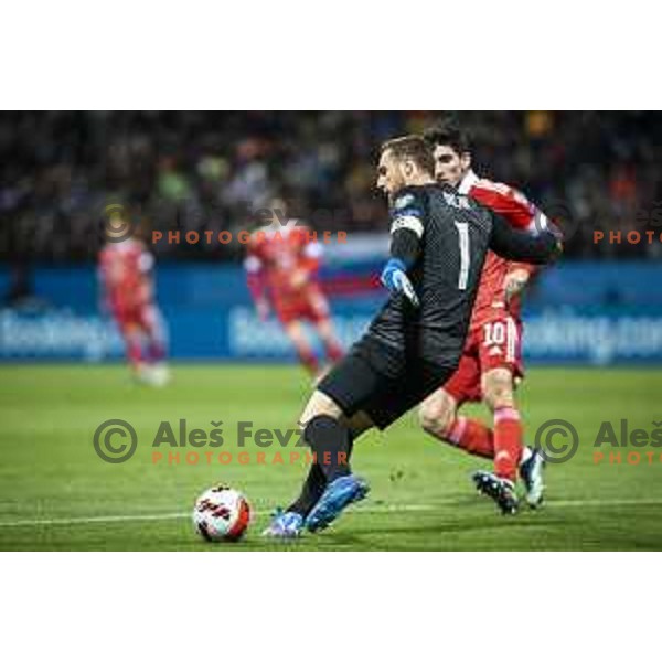 Jan Oblak in action during World Cup 2022 qualifiers football match between Slovenia and Russia in Ljudski vrt, Maribor, Slovenia on October 11, 2021