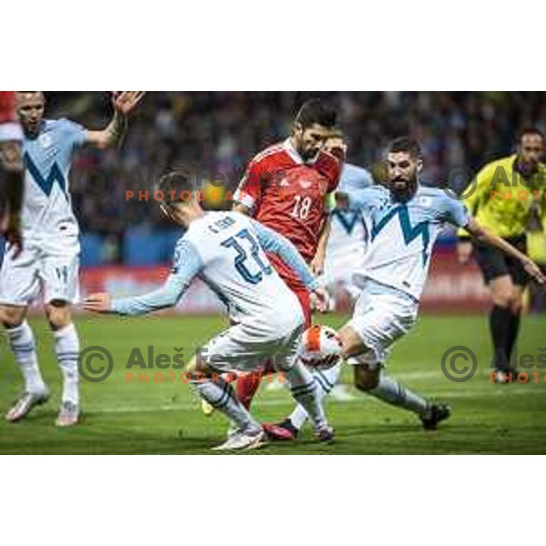 Miha Mevlja in action during World Cup 2022 qualifiers football match between Slovenia and Russia in Ljudski vrt, Maribor, Slovenia on October 11, 2021