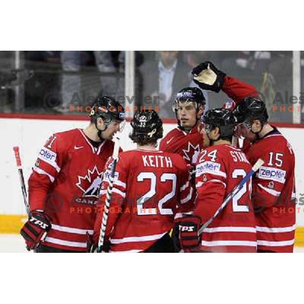 Canada players celebrate victory at IIHF World championship 2008 preliminary round group B, played in Halifax, Nova Scotia, Canada May 2nd 2008. Canada beat Slovenia 5:1. Photo by Ales Fevzer 
