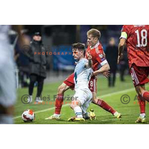 Benjamin Verbic in action during World Cup 2022 qualifiers football match between Slovenia and Russia in Ljudski vrt, Maribor, Slovenia on October 11, 2021