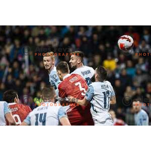Zan Karnicnik and Andraz Sporar in action during World Cup 2022 qualifiers football match between Slovenia and Russia in Ljudski vrt, Maribor, Slovenia on October 11, 2021