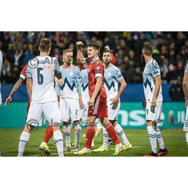 Zan Karnicnik and Andraz Sporar in action during World Cup 2022 qualifiers football match between Slovenia and Russia in Ljudski vrt, Maribor, Slovenia on October 11, 2021
