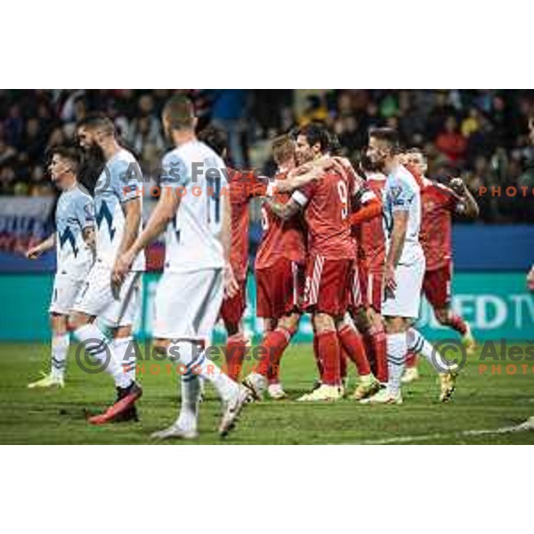 Players of Russia celebrate goal during World Cup 2022 qualifiers football match between Slovenia and Russia in Ljudski vrt, Maribor, Slovenia on October 11, 2021 