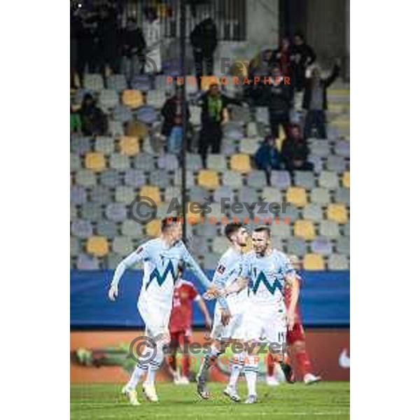 Josip Ilicic and Jasmin Kurtic celebrate goal during World Cup 2022 qualifiers football match between Slovenia and Russia in Ljudski vrt, Maribor, Slovenia on October 11, 2021