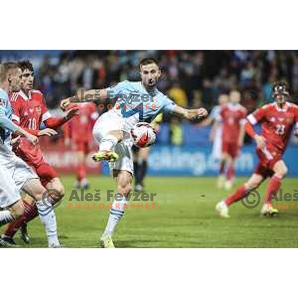 Andraz Sporar in action during World Cup 2022 qualifiers football match between Slovenia and Russia in Ljudski vrt, Maribor, Slovenia on October 11, 2021