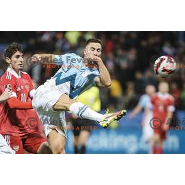 Andraz Sporar in action during World Cup 2022 qualifiers football match between Slovenia and Russia in Ljudski vrt, Maribor, Slovenia on October 11, 2021