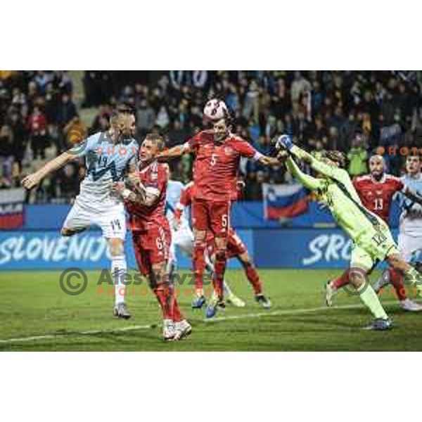 Jasmin Kurtic shots on goal during World Cup 2022 qualifiers football match between Slovenia and Russia in Ljudski vrt, Maribor, Slovenia on October 11, 2021
