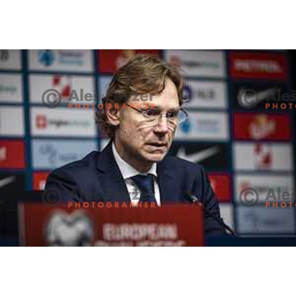 Valeriy Kharpin at the press conference after the World Cup 2022 qualifiers football match between Slovenia and Russia in Ljudski vrt, Maribor, Slovenia on October 11, 2021