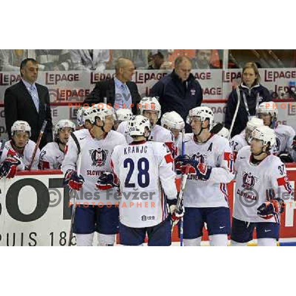 Muric, Kranjc, Kopitar, Razingar and Robar of Slovenia at IIHF World championship 2008 preliminary round group B, played in Halifax, Nova Scotia, Canada May 2nd 2008. Canada beat Slovenia 5:1. Photo by Ales Fevzer 