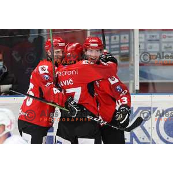 Gasper Glavic and Aljosa Crnovic celebrate goal during Slovenian National league ice-hockey match between HDD Sij Acroni Jesenice and SZ Olimpija at Jesenice, Slovenia on October 12, 2021