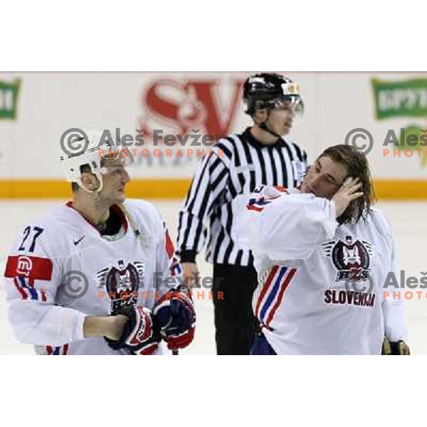 Miha Rebolj (27) and Robert Kristan of Slovenia at IIHF World championship 2008 preliminary round group B, played in Halifax, Nova Scotia, Canada May 2nd 2008. Canada beat Slovenia 5:1. Photo by Ales Fevzer 
