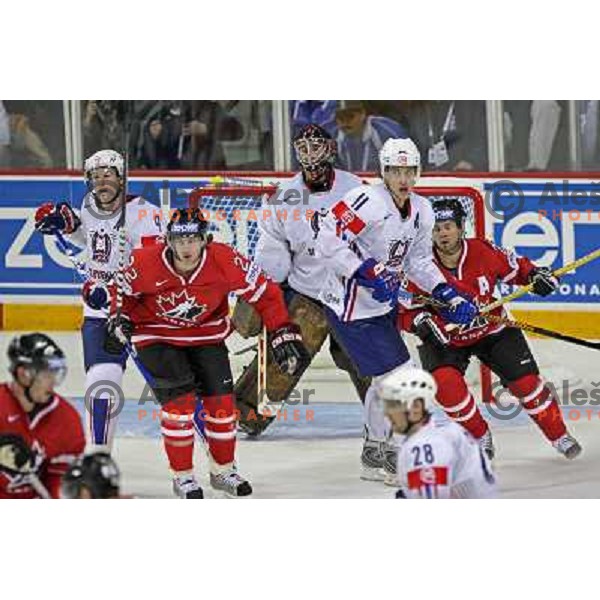 Razingar (9), Kristan (33) and Kopitar (11) of Slovenia and Keith (22) of Canada at IIHF World championship 2008 preliminary round group B, played in Halifax, Nova Scotia, Canada May 2nd 2008. Canada beat Slovenia 5:1. Photo by Ales Fevzer 