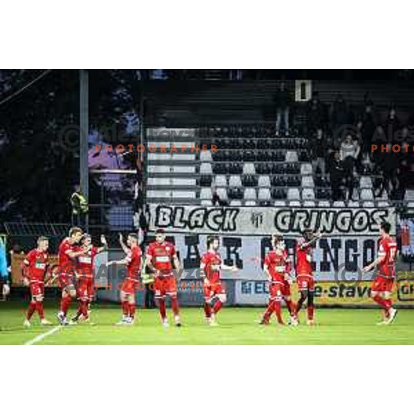 Players of Aluminij celebrating during Prva liga Telemach football match between Mura and Aluminij in Fazanerija, Murska Sobota, Slovenia on October 16, 2021