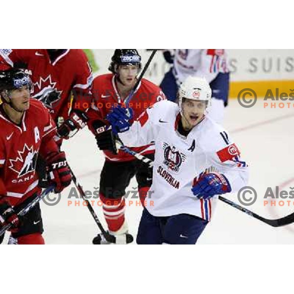 Anze Kopitar (11) of Slovenia and Duncan Keith (22) of Canada at IIHF World championship 2008 preliminary round group B, played in Halifax, Nova Scotia, Canada May 2nd 2008. Canada beat Slovenia 5:1. Photo by Ales Fevzer 