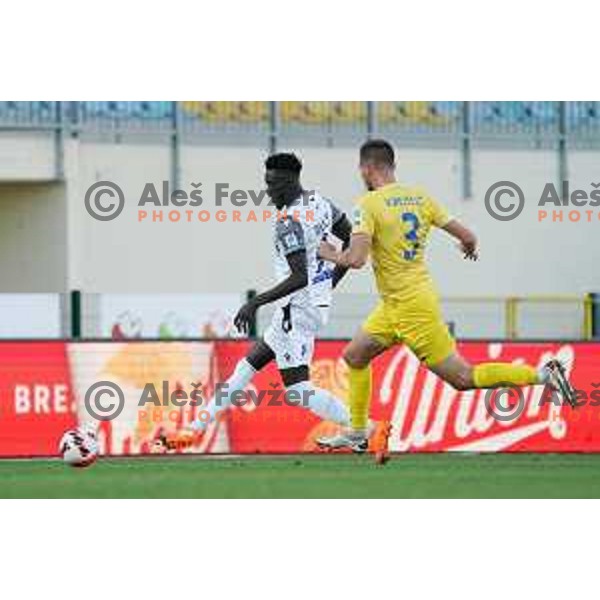 Lamin Colley of Koper and Dejan Vuklisevic of Domzale in action during Prva Liga Telemach football match between Domzale and Koper in Domzale, Slovenia on October 17, 2021