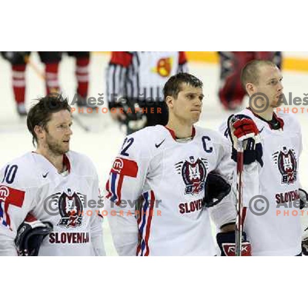 Dejan Varl (10), Marcel Rodman (22) and Andrej Tavzelj of Slovenia at IIHF World championship 2008 preliminary round group B, played in Halifax, Nova Scotia, Canada May 2nd 2008. Canada beat Slovenia 5:1. Photo by Ales Fevzer 