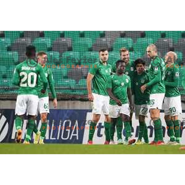 Djordje Crnomarkovic, Aldair Djalo, Marko Futacs, Almedin Ziljkic, Goran Milovic and Tomislav Tomic celebrate goal during Prva Liga Telemach football match between Olimpija and Tabor CB 24 Sezana in SRC Stozice, Ljubljana, Slovenia on October 17, 2021