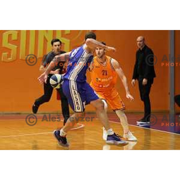 in action during Nova KBM league basketball match between Helios Suns and Zlatorog Lasko in Domzale, Slovenia on October 17, 2021