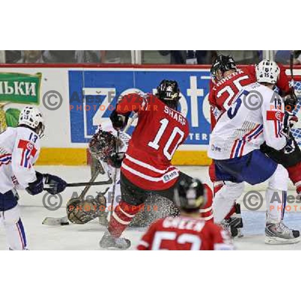 Pajic (13), Kristan and Muric (15) of Slovenia and Sharp (10) and Chimera (25) of Canada at IIHF World championship 2008 preliminary round group B, played in Halifax, Nova Scotia, Canada May 2nd 2008. Canada beat Slovenia 5:1. Photo by Ales Fevzer 