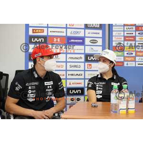 Zan Kranjec and Mateja Robnik at press conference of Slovenia Alpine Ski team in Ljubljana, Slovenia on October 18, 2021