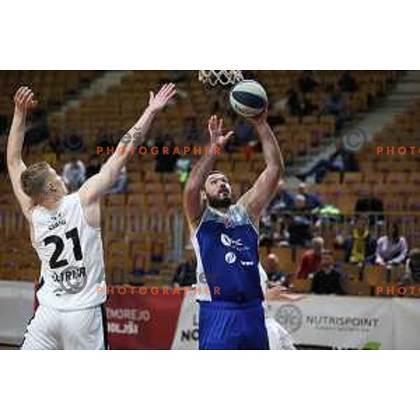 Dalibor Djapa of Sentjur and Sasa Ciani in action during Nova KBM league basketball match between Nutrispoint Ilirija and Sentjur in Tivoli Hall, Ljubljana, Slovenia on October 18, 2021