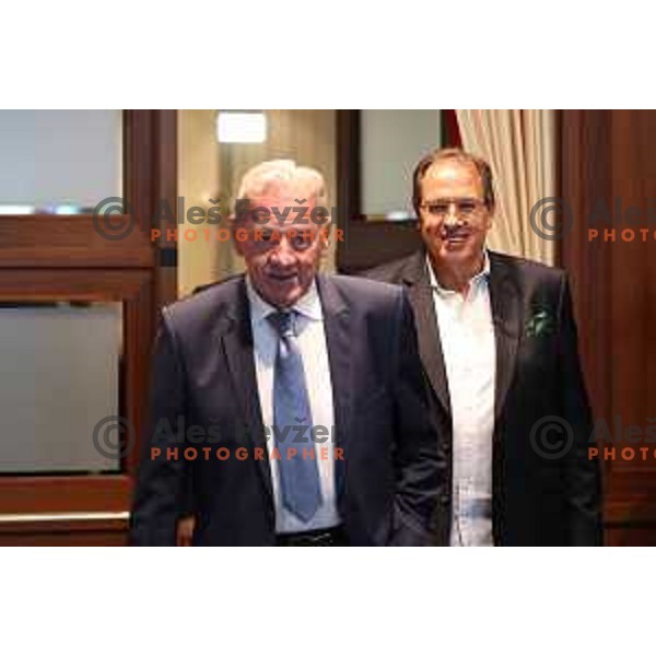 Ex owner and president of NK Olimpija Milan Mandaric and new owner and president Adam Delius during press conference in Ljubljana, Slovenia on October 19, 2021