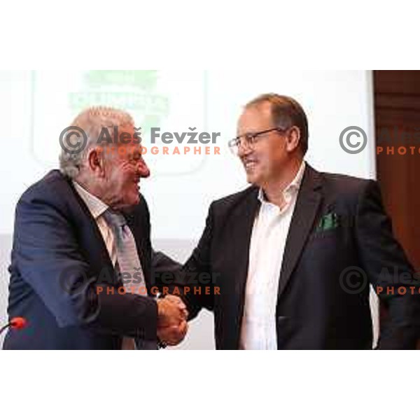 Ex owner and president of NK Olimpija Milan Mandaric and new owner and president Adam Delius during press conference in Ljubljana, Slovenia on October 19, 2021