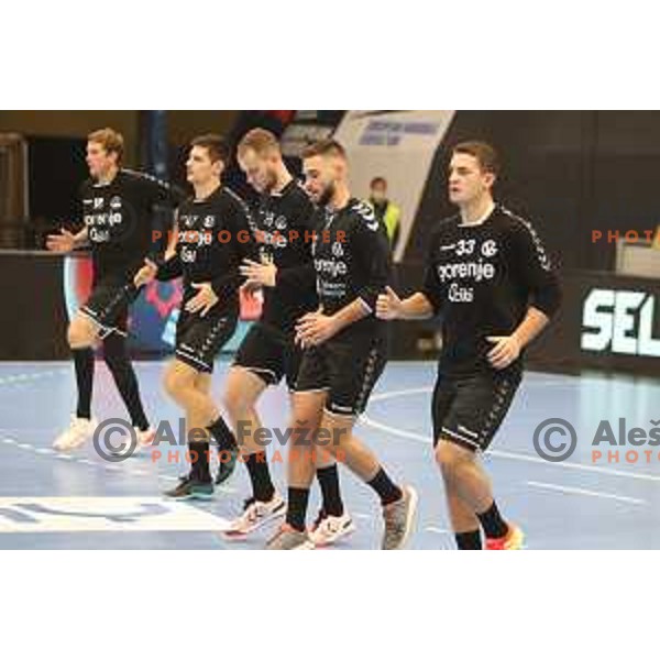 Enej Slatinek Jovicic in action during EHF European league match between Gorenje Velenje and Magdeburg in Velenje, Slovenia on October 19, 2021