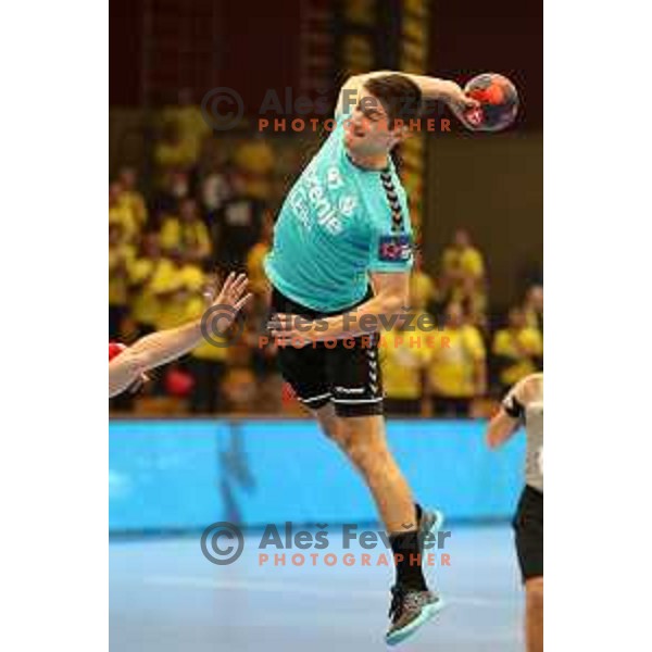 Aleks Kavcic in action during EHF European league match between Gorenje Velenje and Magdeburg in Velenje, Slovenia on October 19, 2021
