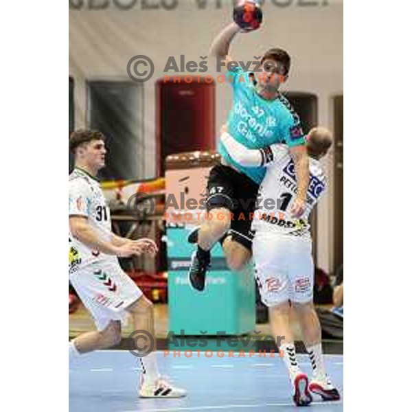 Aleks Kavcic in action during EHF European league match between Gorenje Velenje and Magdeburg in Velenje, Slovenia on October 19, 2021