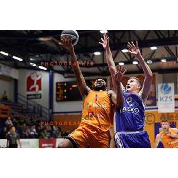 in action during Nova KBM league basketball match between Helios Suns and Zlatorog Lasko in Domzale, Slovenia on October 17, 2021
