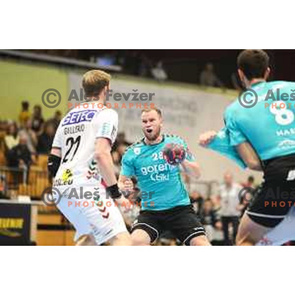Timotej Grmsek in action during EHF European league match between Gorenje Velenje and Magdeburg in Velenje, Slovenia on October 19, 2021