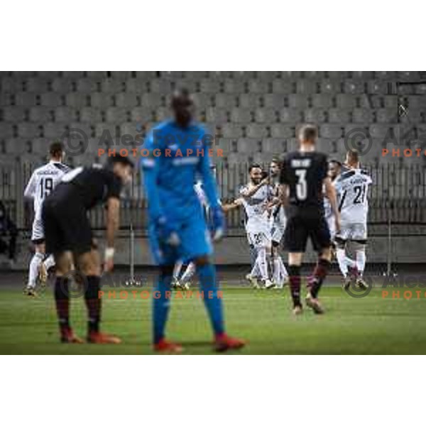 Mitja Lotric of Mura scores goal during UEFA Europa Conference League football match between NS Mura and Stade Rennais FC in Ljudski vrt, Maribor, Slovenia on October 21, 2021