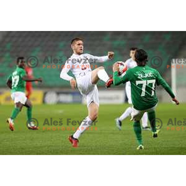 Almedin Ziljkic and Mihael Briski in action during Prva Liga Telemach football match between Olimpija and Tabor CB 24 Sezana in SRC Stozice, Ljubljana, Slovenia on October 17, 2021 