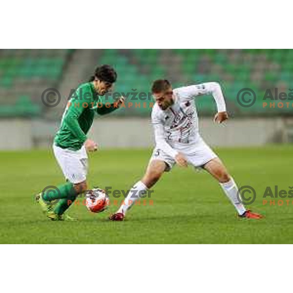 Almedin Ziljkic and Mihael Briski in action during Prva Liga Telemach football match between Olimpija and Tabor CB 24 Sezana in SRC Stozice, Ljubljana, Slovenia on October 17, 2021