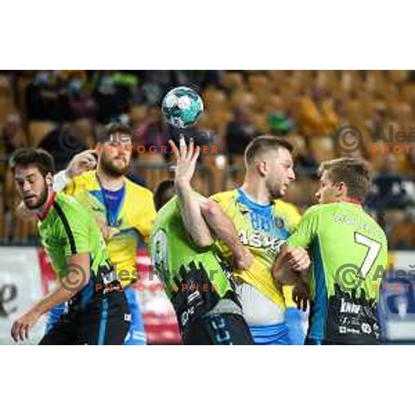 Aleks Vlah in action during 1.NLB leasing league handball match between Celje PL and Loka in Celje, Slovenia on Oktober 22, 2021