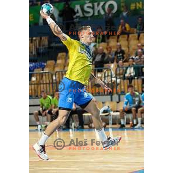 Tilen Kodrin in action during 1.NLB leasing league handball match between Celje PL and Loka in Celje, Slovenia on Oktober 22, 2021