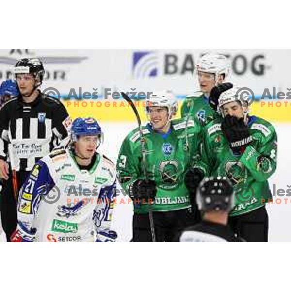Jaka Sodja, Daniel Wade Murphy of SZ Olimpija in action during IceHL match between SZ Olimpija and VSV Villach in Ljubljana, Slovenia on October 22, 2021