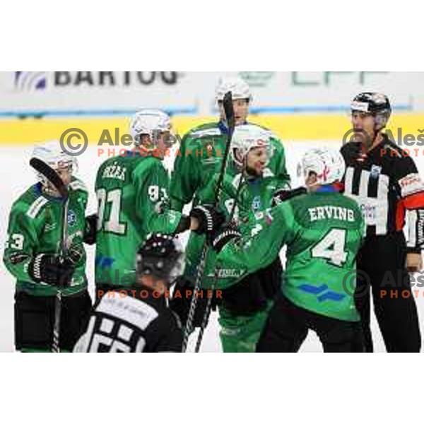 Tadej Cimzar, Daniel Wade Murphy and Joona Erving of SZ Olimpija in action during IceHL match between SZ Olimpija and VSV Villach in Ljubljana, Slovenia on October 22, 2021
