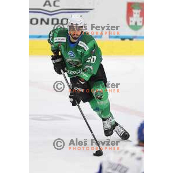 Gregor Koblar of SZ Olimpija in action during IceHL match between SZ Olimpija and VSV Villach in Ljubljana, Slovenia on October 22, 2021