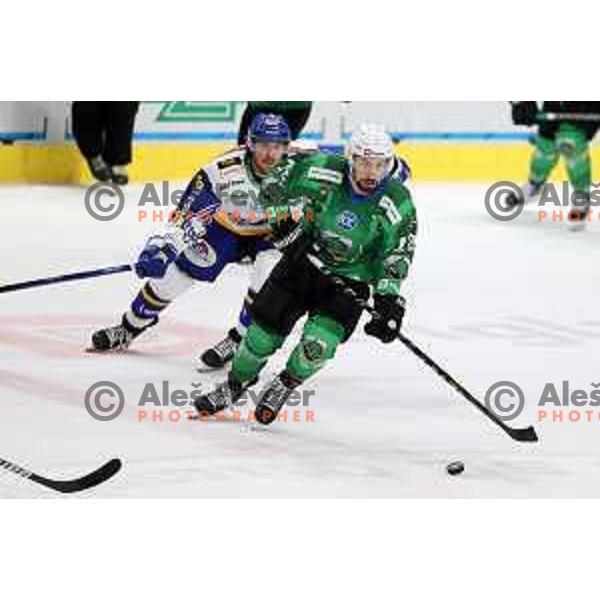 Nik Simsic of SZ Olimpija in action during IceHL match between SZ Olimpija and VSV Villach in Ljubljana, Slovenia on October 22, 2021