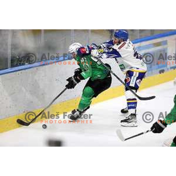Zan Jezovsek of SZ Olimpija in action during IceHL match between SZ Olimpija and VSV Villach in Ljubljana, Slovenia on October 22, 2021