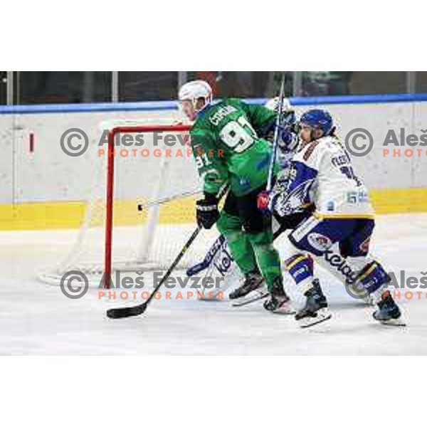 Tadej Cimzar of SZ Olimpija in action during IceHL match between SZ Olimpija and VSV Villach in Ljubljana, Slovenia on October 22, 2021
