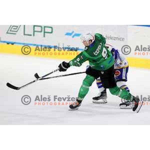 Kristjan Cepon of SZ Olimpija in action during IceHL match between SZ Olimpija and VSV Villach in Ljubljana, Slovenia on October 22, 2021