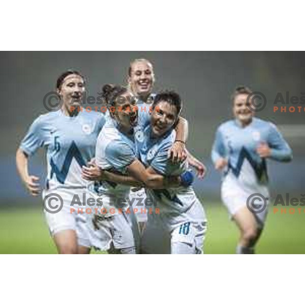 Mateja Zver and Manja Rogan celebrating during UEFA Women\'s World Cup 2023 qualifiers football match between Slovenia and Wales in Sportni park Lendava, Slovenia on October 22, 2021. Photo: Jure Banfi/www.alesfevzer.com