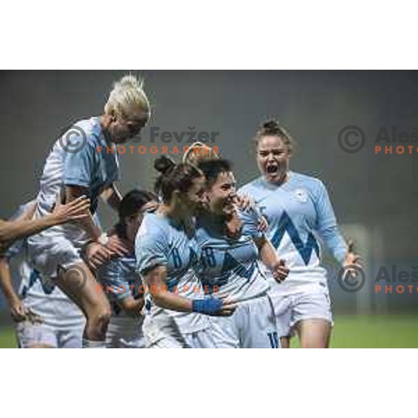 Matej Zver and Manja Rogan celebrating during UEFA Women\'s World Cup 2023 qualifiers football match between Slovenia and Wales in Sportni park Lendava, Slovenia on October 22, 2021. Photo: Jure Banfi/www.alesfevzer.com