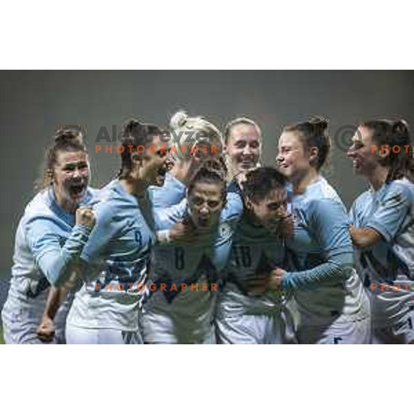 Adrijana Mori, Mateja Zver and Manja Rogan celebrating during UEFA Women\'s World Cup 2023 qualifiers football match between Slovenia and Wales in Sportni park Lendava, Slovenia on October 22, 2021. Photo: Jure Banfi/www.alesfevzer.com