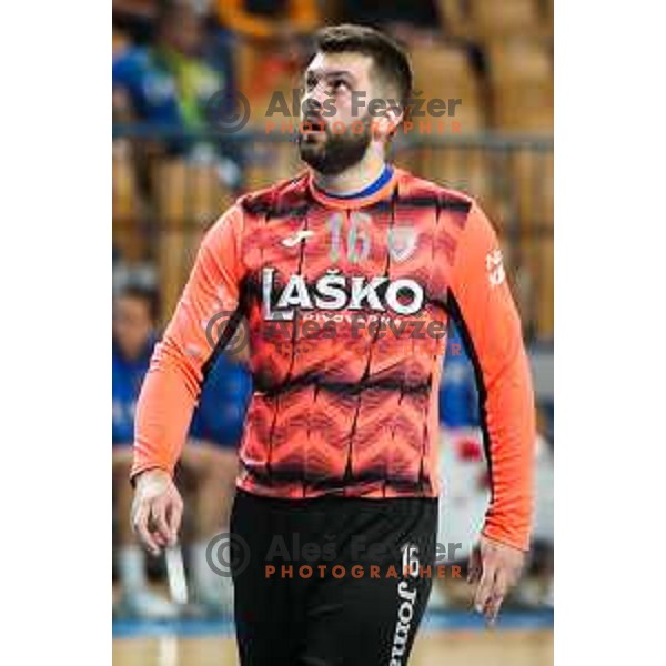 Miljan Vujovic in action during 1.NLB leasing league handball match between Celje PL and Loka in Celje, Slovenia on Oktober 22, 2021